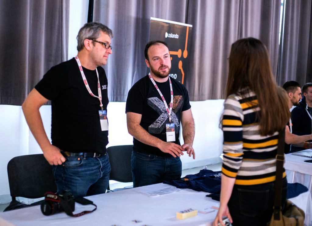 EuroClojure 2016 Sponsors Malcolm Sparx & Jon Pither from Juxt at their sponsorship table. 