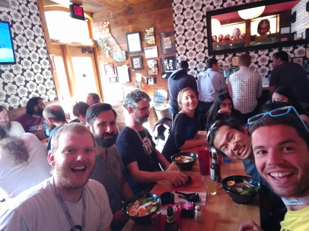 Photo provided by @ThinkTopic. Taken at Daruma Ramen in Austin at Clojure/conj 2016. From the left, we have: Eric Siefkas, Ben Kamphaus, Ben Burdette, Ken Liu, Octavian Geagla.